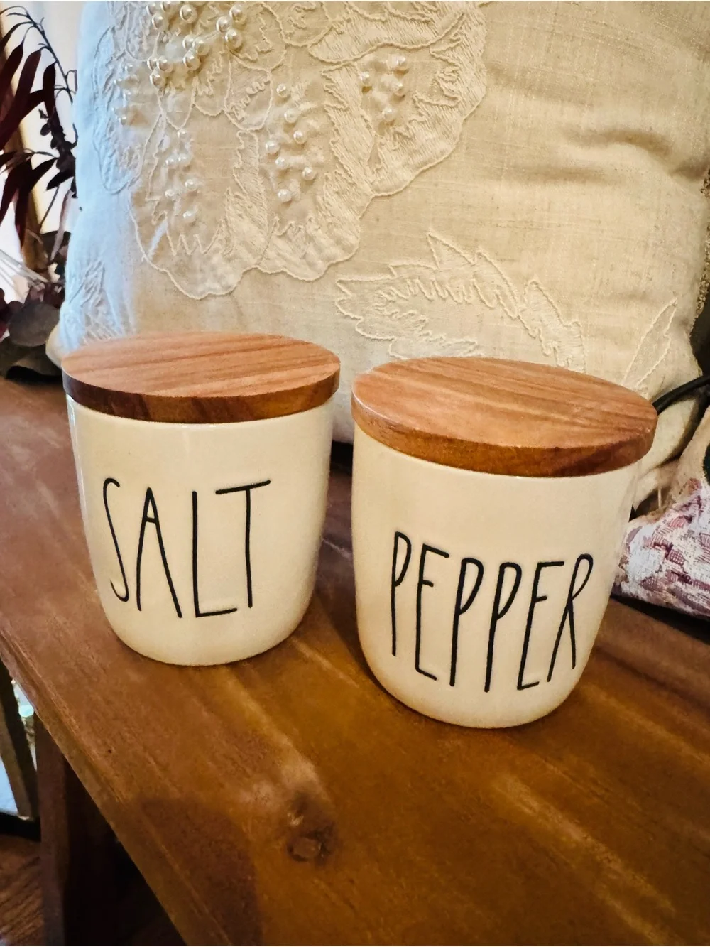 Rae Dunn Salt and Pepper Cellar Set with Wooden Lids, New in Box